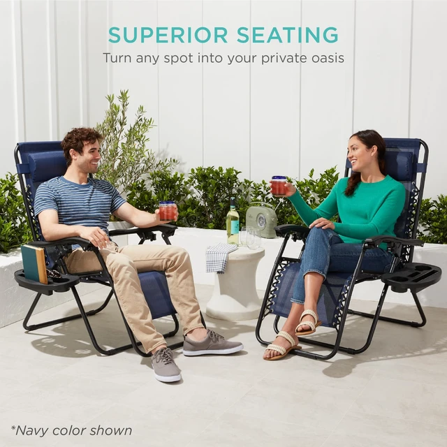 Alt view image 2 of 7 - Zero Gravity Chairs Recliner, Set of 2 | Black w/ Pillows and Cup Holder Trays, Foldable Lounge Chair with Adjustable Reclining Positions for Patios Decks