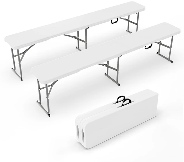 Main image of 6 feet Folding Bench,Portable Outdoor Bench for Picnic Party Camping | Foldable Bench with Handle, Lightweight, HDPE Tabletop - BBQs, Sporting Events, and Temporary Seating (2, White, 6ft)