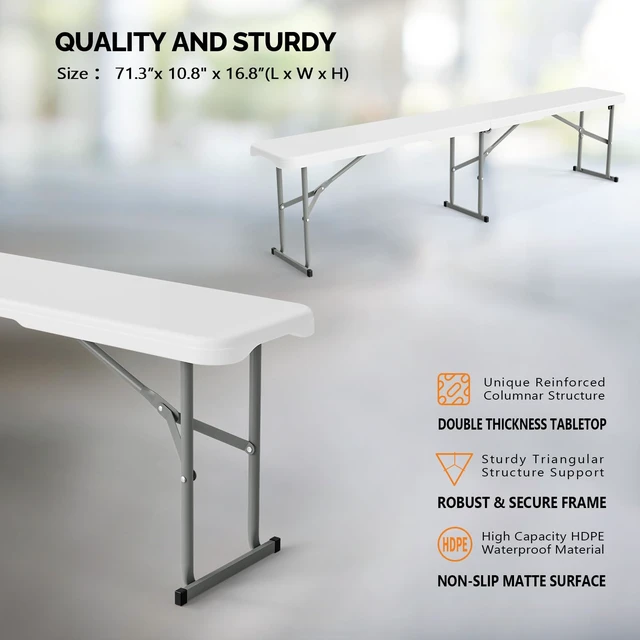 Alt view image 2 of 7 - 6 feet Folding Bench,Portable Outdoor Bench for Picnic Party Camping | Foldable Bench with Handle, Lightweight, HDPE Tabletop - BBQs, Sporting Events, and Temporary Seating (2, White, 6ft)