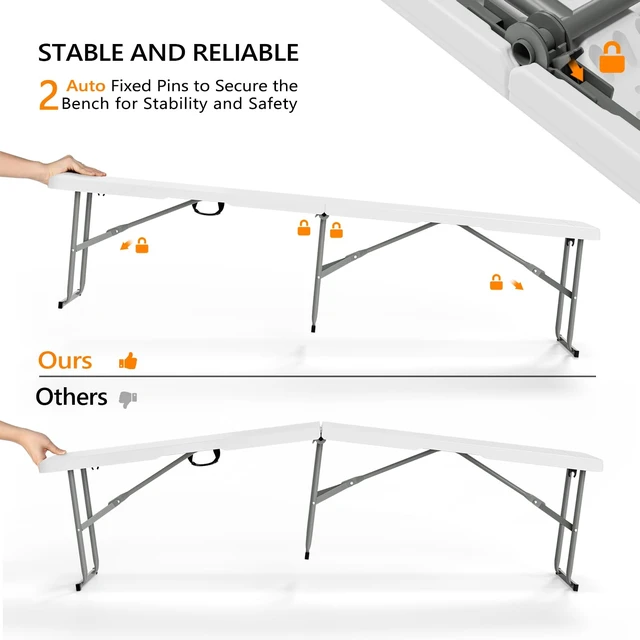 Alt view image 4 of 7 - 6 feet Folding Bench,Portable Outdoor Bench for Picnic Party Camping | Foldable Bench with Handle, Lightweight, HDPE Tabletop - BBQs, Sporting Events, and Temporary Seating (2, White, 6ft)