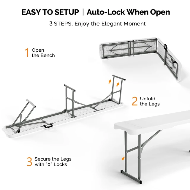 Alt view image 7 of 7 - 6 feet Folding Bench,Portable Outdoor Bench for Picnic Party Camping | Foldable Bench with Handle, Lightweight, HDPE Tabletop - BBQs, Sporting Events, and Temporary Seating (2, White, 6ft)