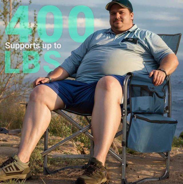 Alt view image 4 of 7 - Folding Camping Chair with Side Table, Cooler Bag, 400 lb Capacity | Oversized Directors Chair for Lawn, Beach, Picnics and Fishing, 600D Oxford, 11.8 lb, Shoulder Strap and Storage Pockets