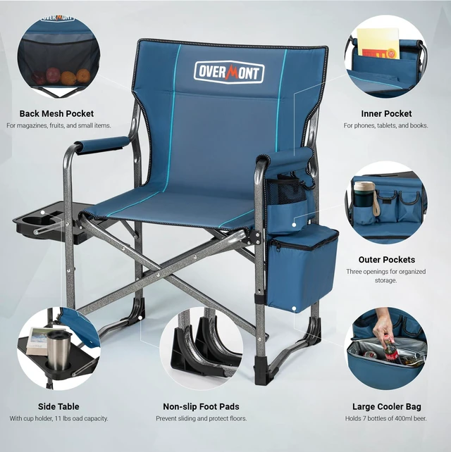 Alt view image 5 of 7 - Folding Camping Chair with Side Table, Cooler Bag, 400 lb Capacity | Oversized Directors Chair for Lawn, Beach, Picnics and Fishing, 600D Oxford, 11.8 lb, Shoulder Strap and Storage Pockets