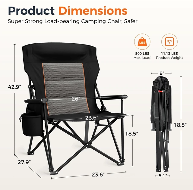 Alt view image 2 of 7 - Heavy Duty 550LBS Padded Camping Chairs with Lumbar Support,1PC | Oversized, Steel Frame, Cooler Bag,Sturdy, Head&Back support,Cup holder,Carry Bag,Pocket, Easy to set up,Storage, Assembly