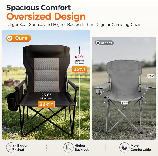 Alt view image 3 of 7 - Heavy Duty 550LBS Padded Camping Chairs with Lumbar Support,1PC | Oversized, Steel Frame, Cooler Bag,Sturdy, Head&Back support,Cup holder,Carry Bag,Pocket, Easy to set up,Storage, Assembly