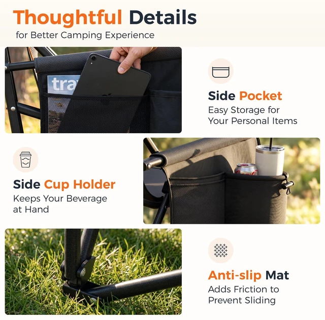 Alt view image 7 of 7 - Heavy Duty 550LBS Padded Camping Chairs with Lumbar Support,1PC | Oversized, Steel Frame, Cooler Bag,Sturdy, Head&Back support,Cup holder,Carry Bag,Pocket, Easy to set up,Storage, Assembly
