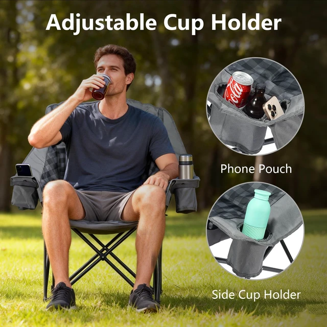 Alt view image 3 of 7 - 2 Pack Oversized Camping Chair for Adults, Portable Heavy Duty Padded Outdoor Chairs with Phone Pouch and Side Cup Holder for Camping, Fishing, Beach, Sports, Supports 500lbs