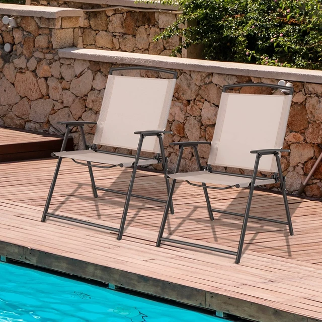 Alt view image 2 of 7 - Set of 2 Patio Folding Chairs - Outdoor Sling Chairs with Armrests and Rustproof Steel Frame, Patio Dining Chairs with Breathable Fabric for Garden, Backyard Poolside Indoors, No Assembly