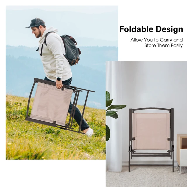 Alt view image 3 of 7 - Set of 2 Patio Folding Chairs - Outdoor Sling Chairs with Armrests and Rustproof Steel Frame, Patio Dining Chairs with Breathable Fabric for Garden, Backyard Poolside Indoors, No Assembly