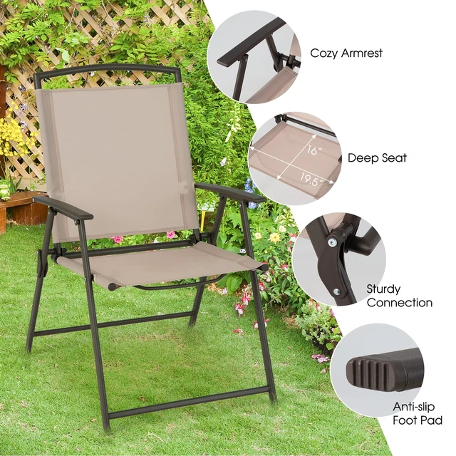 Alt view image 5 of 7 - Set of 2 Patio Folding Chairs - Outdoor Sling Chairs with Armrests and Rustproof Steel Frame, Patio Dining Chairs with Breathable Fabric for Garden, Backyard Poolside Indoors, No Assembly