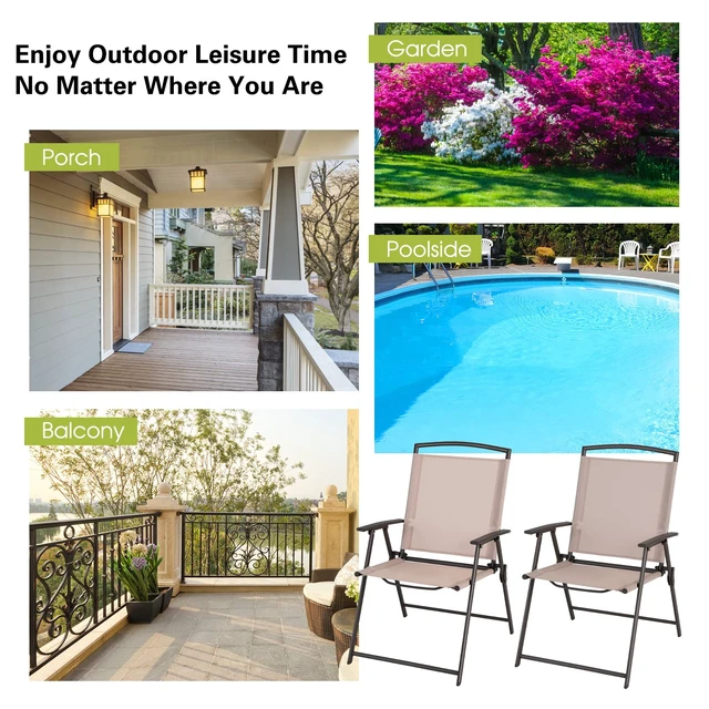 Alt view image 7 of 7 - Set of 2 Patio Folding Chairs - Outdoor Sling Chairs with Armrests and Rustproof Steel Frame, Patio Dining Chairs with Breathable Fabric for Garden, Backyard Poolside Indoors, No Assembly
