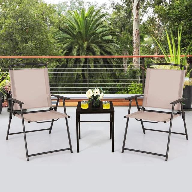 Alt view image 6 of 7 - Set of 2 Patio Folding Chairs - Outdoor Sling Chairs with Armrests and Rustproof Steel Frame, Patio Dining Chairs with Breathable Fabric for Garden, Backyard Poolside Indoors, No Assembly