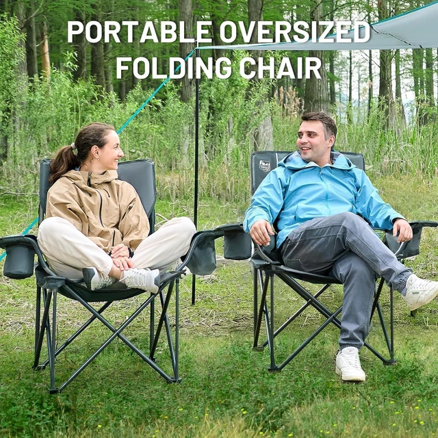 Alt view image 2 of 7 - 2 Pack Oversized Folding Camping Chair for Adults | Support 550 LBS Heavy Duty Chairs with Cup Holder Side Pocket for Camping, Lawn, Picnic(Grey)