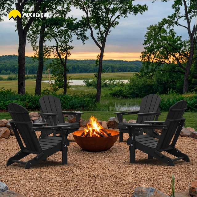 Alt view image 2 of 7 - Folding Adirondack Chair, HDPE Fire Pit Chair, All-Weather, Black | Supports Your Natural Sitting, Up to 380 lbs Support,Hidden Cup Holder, Low Maintenance, Space-Saving Storage