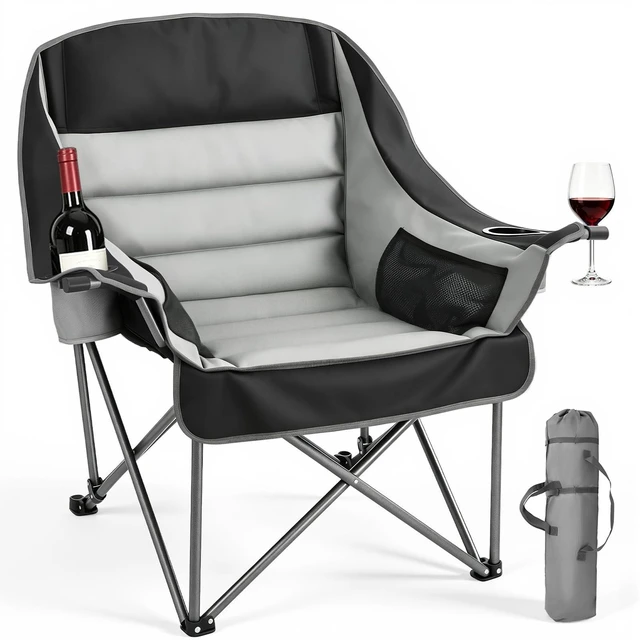 Main image of Oversized Camping Chairs, Heavy Duty Portable Folding Camp Chairs | with Dual Cup Holders, Wine Glass Holders, Carry Bag for Outdoor, Fishing, Black & Gray, 1 Pack