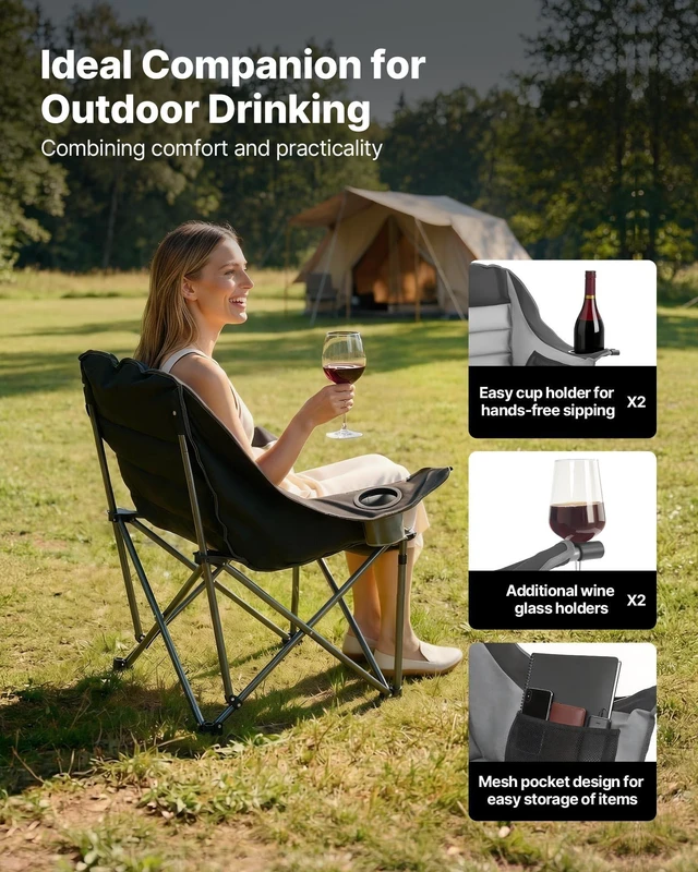 Alt view image 5 of 7 - Oversized Camping Chairs, Heavy Duty Portable Folding Camp Chairs | with Dual Cup Holders, Wine Glass Holders, Carry Bag for Outdoor, Fishing, Black & Gray, 1 Pack