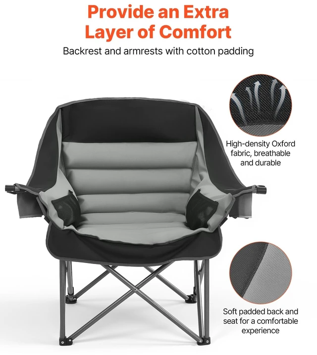 Alt view image 6 of 7 - Oversized Camping Chairs, Heavy Duty Portable Folding Camp Chairs | with Dual Cup Holders, Wine Glass Holders, Carry Bag for Outdoor, Fishing, Black & Gray, 1 Pack