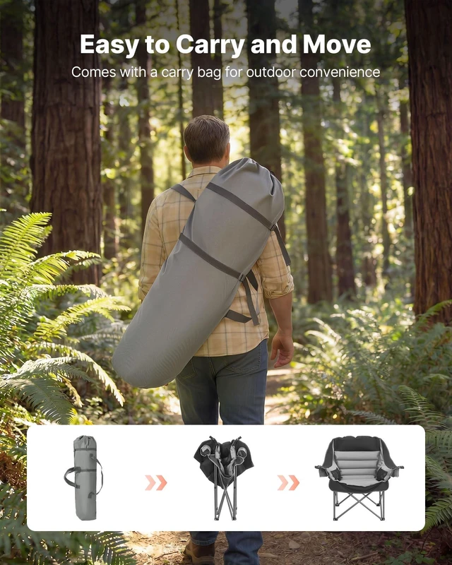 Alt view image 7 of 7 - Oversized Camping Chairs, Heavy Duty Portable Folding Camp Chairs | with Dual Cup Holders, Wine Glass Holders, Carry Bag for Outdoor, Fishing, Black & Gray, 1 Pack
