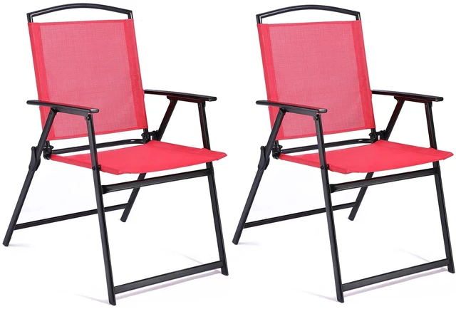 Main image of Outdoor Folding Patio Dining Sling Chairs Set of 2 with Armrest Black Foldable Portable Patio Chairs for Lawn Garden Balcony Living Room Furniture(Red)