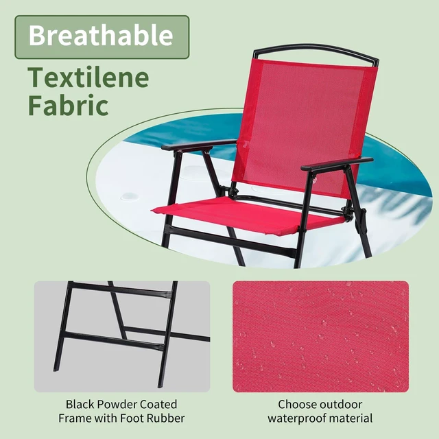 Alt view image 3 of 7 - Outdoor Folding Patio Dining Sling Chairs Set of 2 with Armrest Black Foldable Portable Patio Chairs for Lawn Garden Balcony Living Room Furniture(Red)