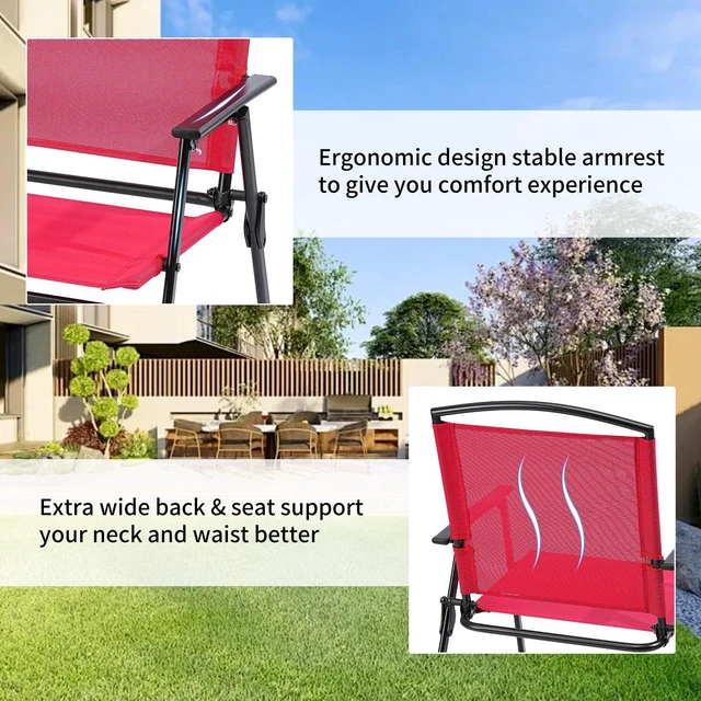 Alt view image 4 of 7 - Outdoor Folding Patio Dining Sling Chairs Set of 2 with Armrest Black Foldable Portable Patio Chairs for Lawn Garden Balcony Living Room Furniture(Red)