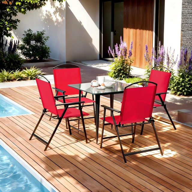 Alt view image 2 of 7 - Outdoor Folding Patio Dining Sling Chairs Set of 2 with Armrest Black Foldable Portable Patio Chairs for Lawn Garden Balcony Living Room Furniture(Red)