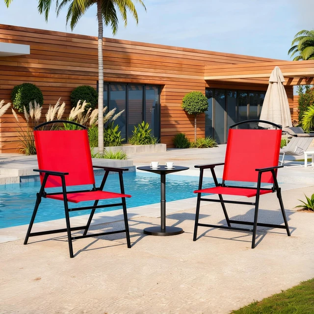 Alt view image 7 of 7 - Outdoor Folding Patio Dining Sling Chairs Set of 2 with Armrest Black Foldable Portable Patio Chairs for Lawn Garden Balcony Living Room Furniture(Red)