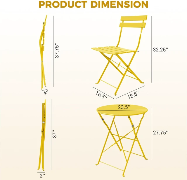 Alt view image 2 of 7 - 3-Piece Folding Patio Bistro Set Outdoor Porch Balcony, Yellow | Foldable 2 Chairs and 1 Table, Weather-Resistant Outdoor Indoor Conversation Set for Patio, Yard, Garden