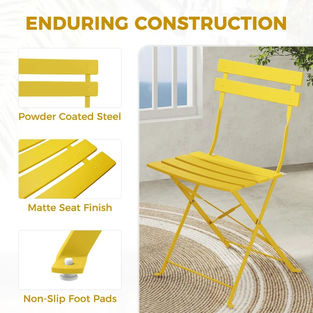 Alt view image 4 of 7 - 3-Piece Folding Patio Bistro Set Outdoor Porch Balcony, Yellow | Foldable 2 Chairs and 1 Table, Weather-Resistant Outdoor Indoor Conversation Set for Patio, Yard, Garden