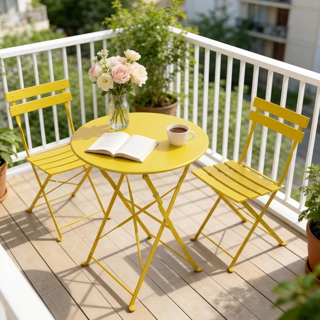 Alt view image 7 of 7 - 3-Piece Folding Patio Bistro Set Outdoor Porch Balcony, Yellow | Foldable 2 Chairs and 1 Table, Weather-Resistant Outdoor Indoor Conversation Set for Patio, Yard, Garden