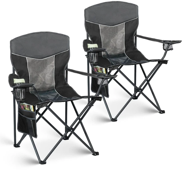 Main image of Oversized XL Camping Chair 2-Pack with Mesh Back, Black | Ventilated Design, Practical Cup Holder & Side Pocket, Stable Steel Construction, Lightweight Folding Design for Outdoor