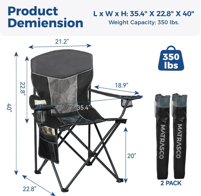 Alt view image 2 of 7 - Oversized XL Camping Chair 2-Pack with Mesh Back, Black | Ventilated Design, Practical Cup Holder & Side Pocket, Stable Steel Construction, Lightweight Folding Design for Outdoor