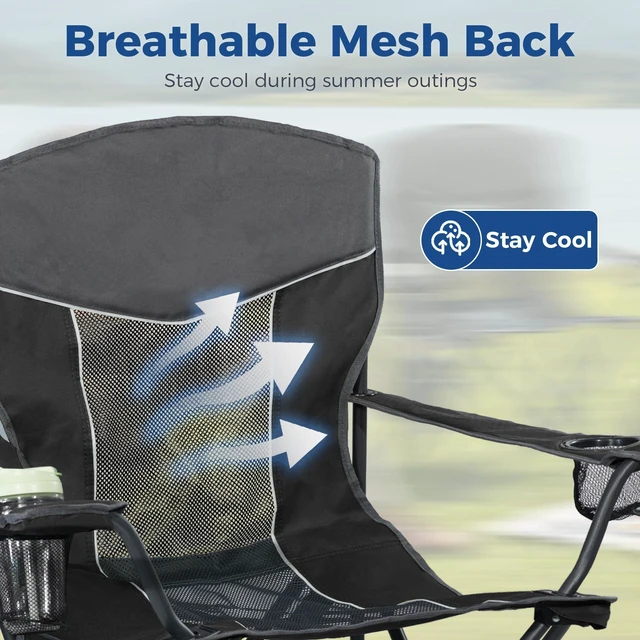 Alt view image 3 of 7 - Oversized XL Camping Chair 2-Pack with Mesh Back, Black | Ventilated Design, Practical Cup Holder & Side Pocket, Stable Steel Construction, Lightweight Folding Design for Outdoor