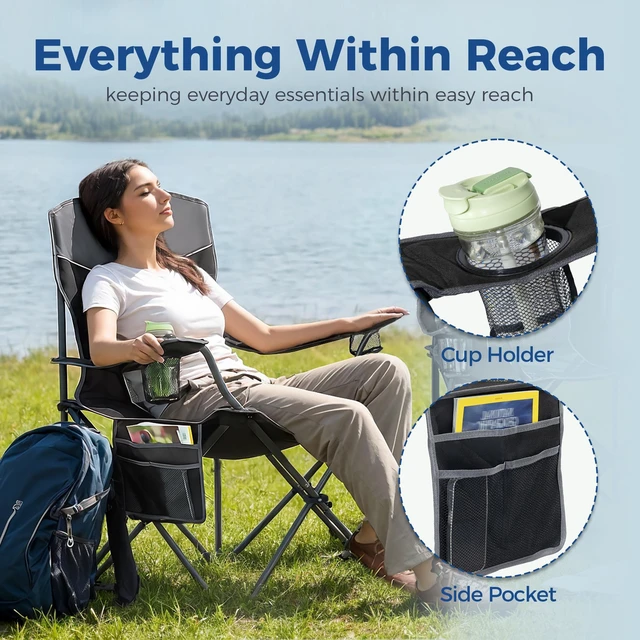 Alt view image 4 of 7 - Oversized XL Camping Chair 2-Pack with Mesh Back, Black | Ventilated Design, Practical Cup Holder & Side Pocket, Stable Steel Construction, Lightweight Folding Design for Outdoor