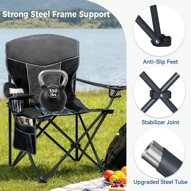 Alt view image 5 of 7 - Oversized XL Camping Chair 2-Pack with Mesh Back, Black | Ventilated Design, Practical Cup Holder & Side Pocket, Stable Steel Construction, Lightweight Folding Design for Outdoor