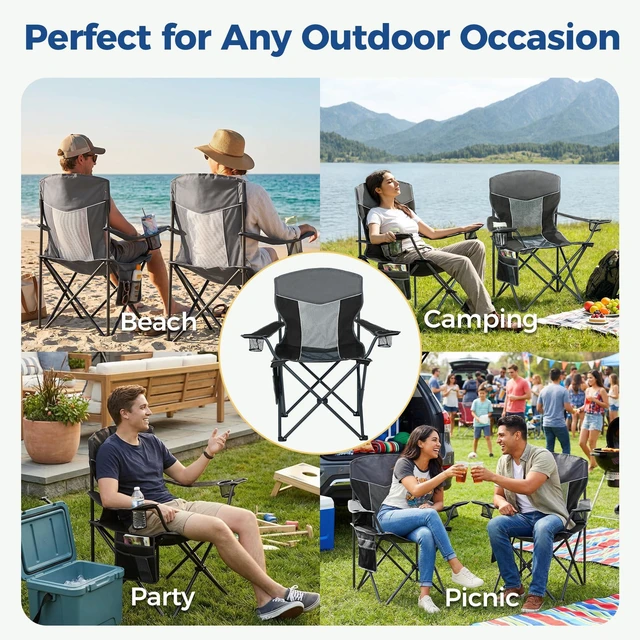 Alt view image 7 of 7 - Oversized XL Camping Chair 2-Pack with Mesh Back, Black | Ventilated Design, Practical Cup Holder & Side Pocket, Stable Steel Construction, Lightweight Folding Design for Outdoor
