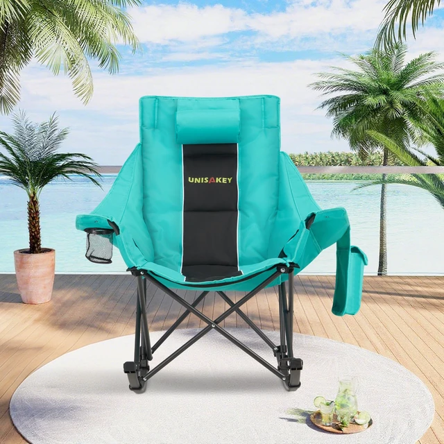 Alt view image 2 of 7 - Oversize Foldable Rocking Camping Chair300lbs Capacity,Green | With headrest & cup holder, easy fold portable design, ideal for camping, backyard & beach, supports up to 300lbs