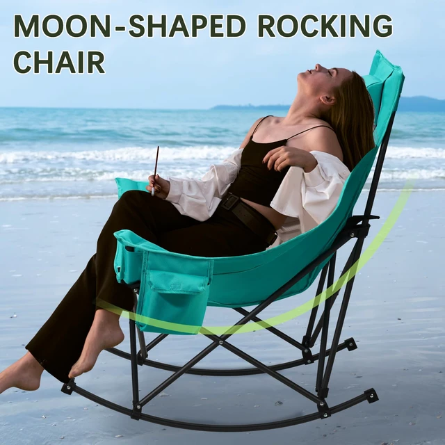 Alt view image 6 of 7 - Oversize Foldable Rocking Camping Chair300lbs Capacity,Green | With headrest & cup holder, easy fold portable design, ideal for camping, backyard & beach, supports up to 300lbs
