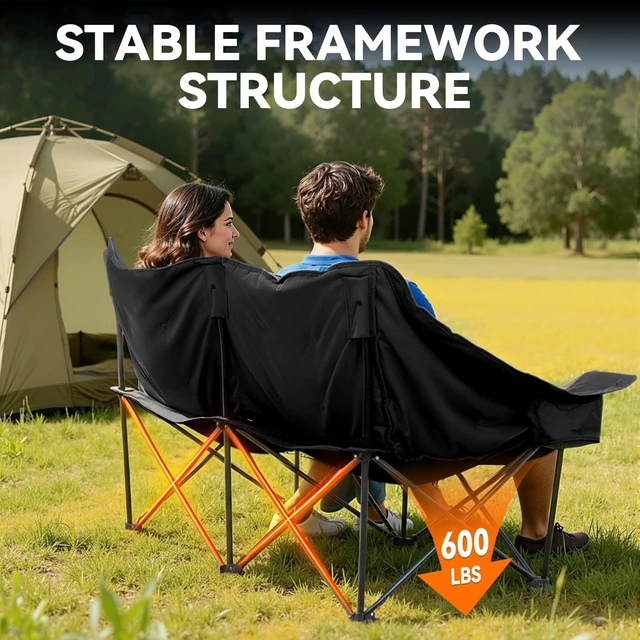 Alt view image 4 of 6 - Oversized Double Camping Chair Padded Camping Chairs for Adults,Black | Folding Loveseat with Cup Holders and Side Pockets Heavy Duty Outdoor Lawn Chairs for Camping,Sports, Fishing,Beach