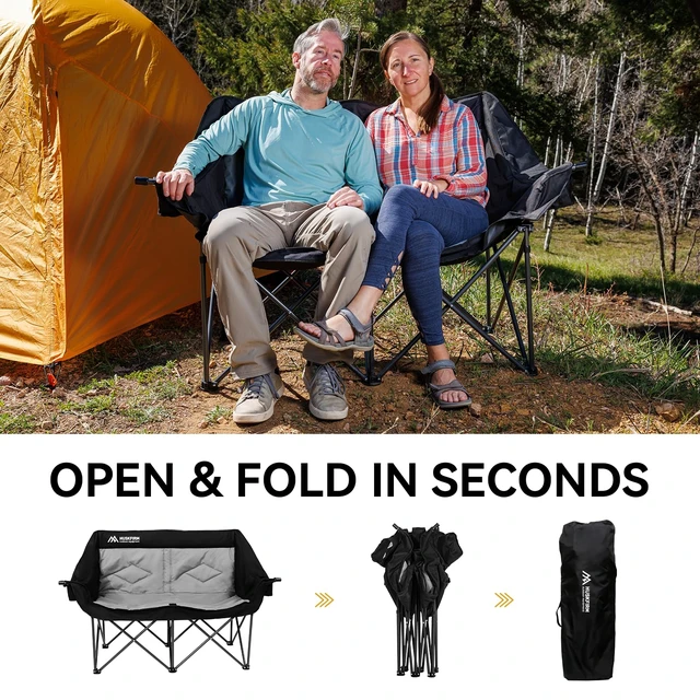 Alt view image 3 of 7 - Oversized Double Camping Chairs for Adults, 2 Person Camping Chair, Black | Heavy Duty Outdoor Camping Couch with Cup Holders, Portable Folding Chair for Outside Lawn