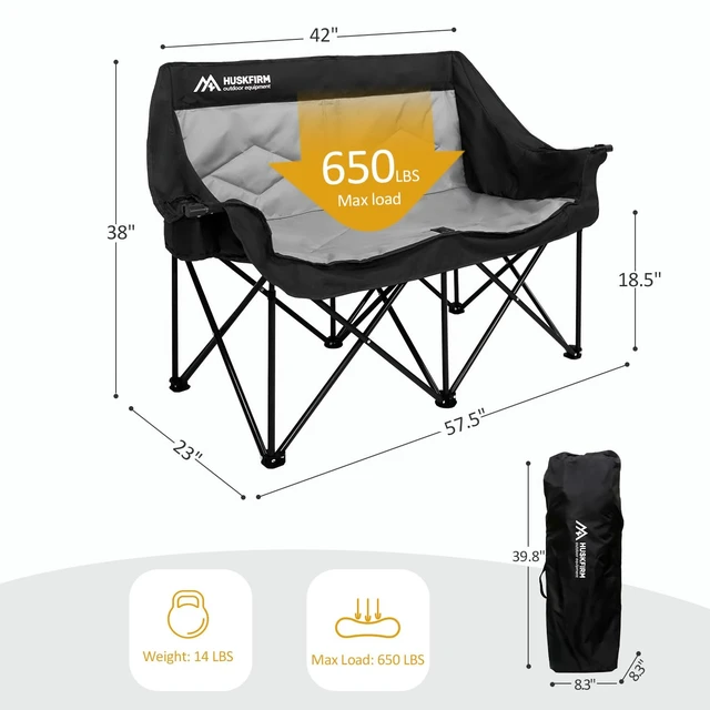 Alt view image 5 of 7 - Oversized Double Camping Chairs for Adults, 2 Person Camping Chair, Black | Heavy Duty Outdoor Camping Couch with Cup Holders, Portable Folding Chair for Outside Lawn