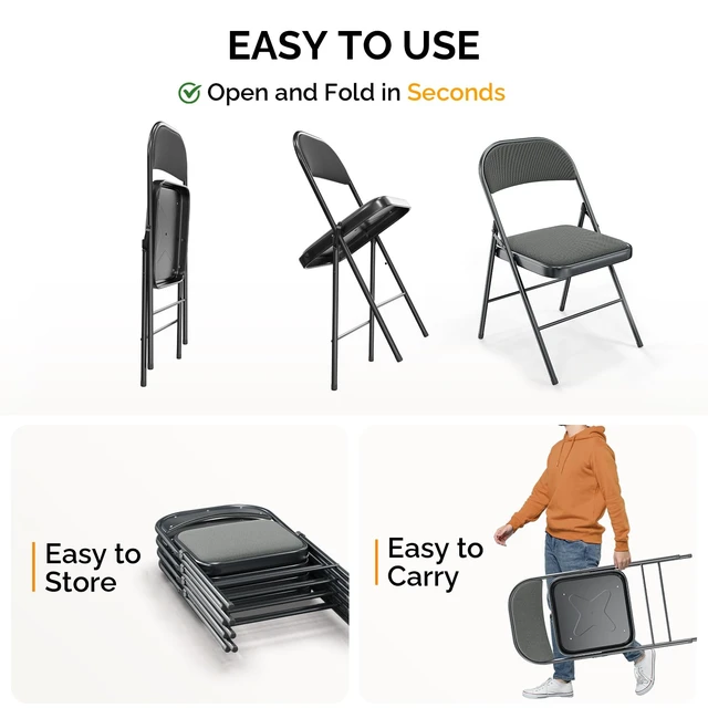 Alt view image 5 of 7 - Folding Chair, Fabric Padded Folding Chairs with Cushion, Back and Steel Frame for Indoor Outdoor Outside Dinning Office Camping Use, Gray, 6 Pack