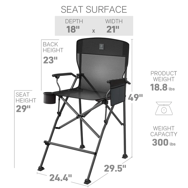 Alt view image 3 of 7 - Tall Directors Chair 31" Foldable Camping Mesh Black | Portable Camp Chair Sports with Cup Holder Mesh Pockets and Footrest, Heavy Duty