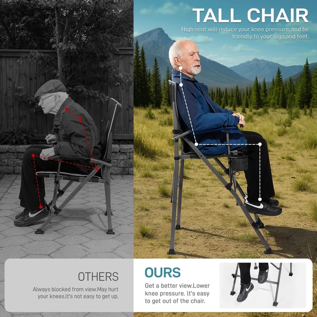 Alt view image 4 of 7 - Tall Directors Chair 31" Foldable Camping Mesh Black | Portable Camp Chair Sports with Cup Holder Mesh Pockets and Footrest, Heavy Duty