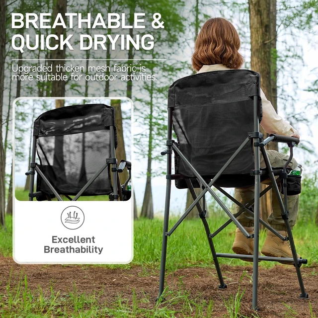 Alt view image 5 of 7 - Tall Directors Chair 31" Foldable Camping Mesh Black | Portable Camp Chair Sports with Cup Holder Mesh Pockets and Footrest, Heavy Duty