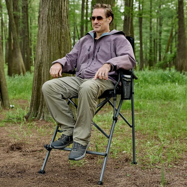 Alt view image 7 of 7 - Tall Directors Chair 31" Foldable Camping Mesh Black | Portable Camp Chair Sports with Cup Holder Mesh Pockets and Footrest, Heavy Duty