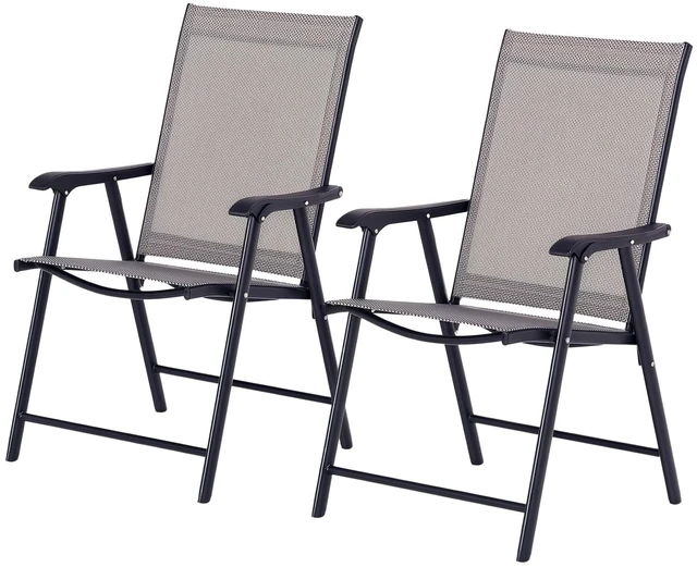 Main image of Set of 2 Patio Folding Chairs Armrests Gray | Stackable Outdoor Sling Patio Dining Chairs, for Lawn Camping Dining Beach, Metal Frame, No Assembly