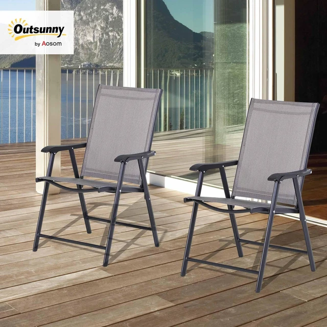 Alt view image 2 of 7 - Set of 2 Patio Folding Chairs Armrests Gray | Stackable Outdoor Sling Patio Dining Chairs, for Lawn Camping Dining Beach, Metal Frame, No Assembly