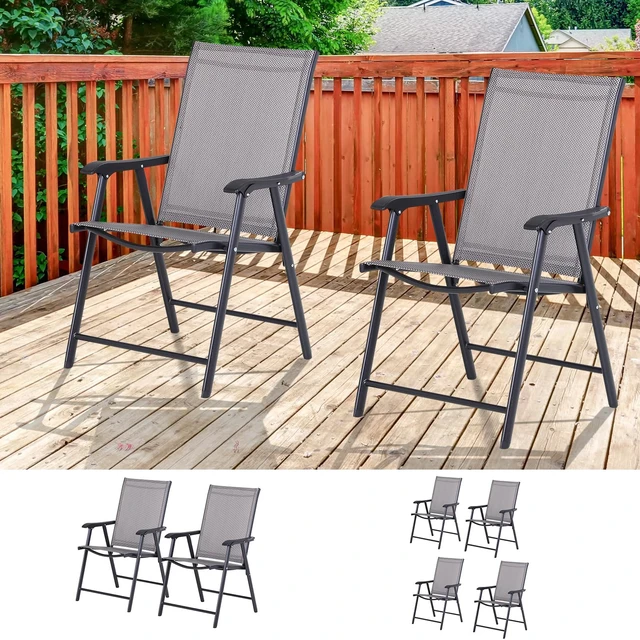 Alt view image 6 of 7 - Set of 2 Patio Folding Chairs Armrests Gray | Stackable Outdoor Sling Patio Dining Chairs, for Lawn Camping Dining Beach, Metal Frame, No Assembly