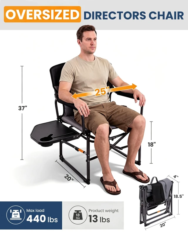 Alt view image 3 of 7 - Oversized Camping Directors Chair Heavy Duty 440lbs, Side Table | Folding Padded Wide Seat Camp Chair for Adults, Anti-Sag Fabric, 50% Flat Fold, Portable, Outdoor Lawn Fishing RV Sport